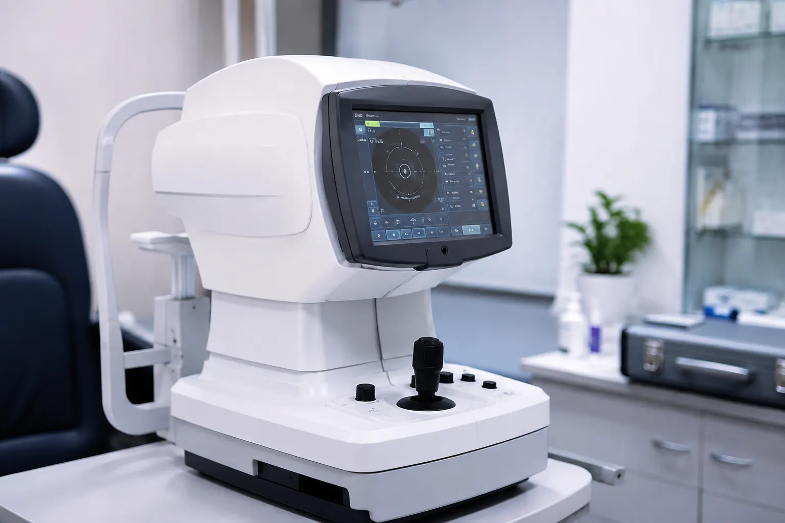 An optometrist performing an optical biometry scan on a patient to calculate intraocular lens power 