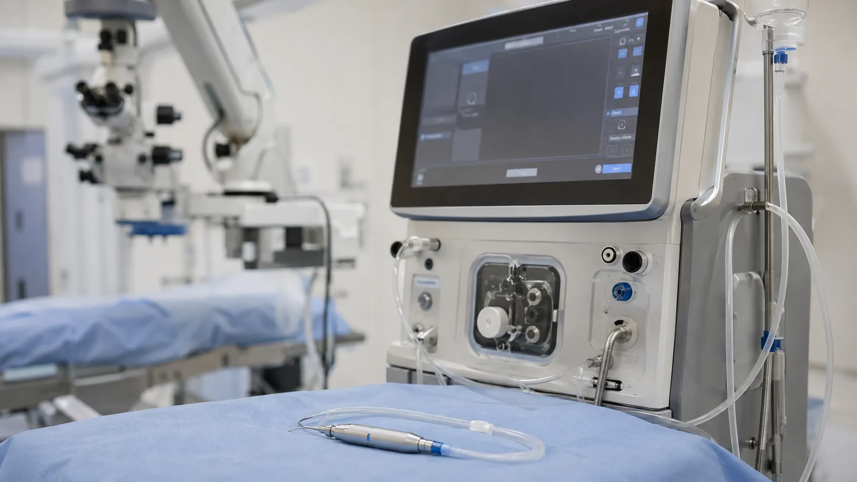 Ophthalmic surgeon using a phacoemulsification handpiece under a microscope during cataract removal 