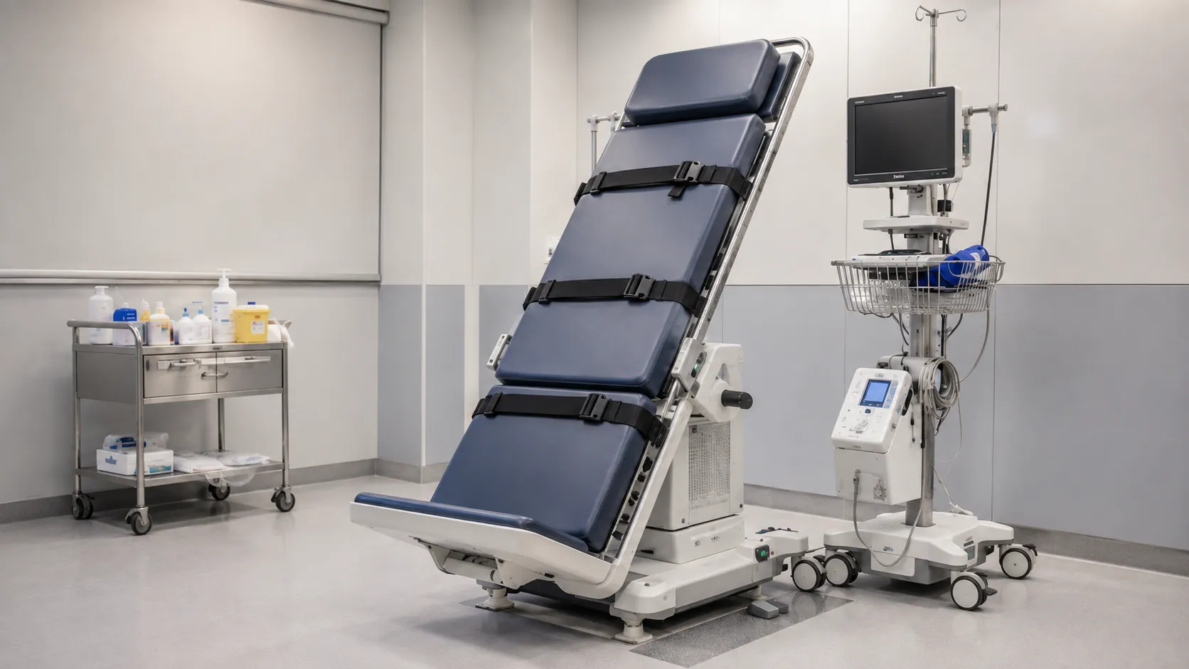 Patient strapped supine on a powered tilt table being raised toward vertical beside monitoring equip