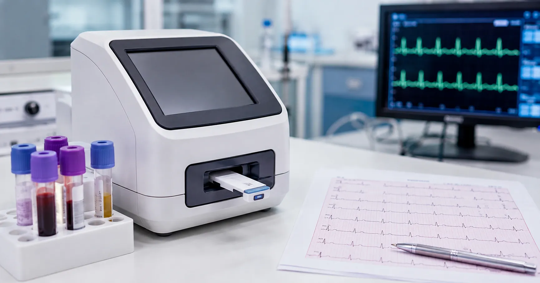 Clinical scientist loading blood samples for high-sensitivity troponin onto an immunoassay analyser 