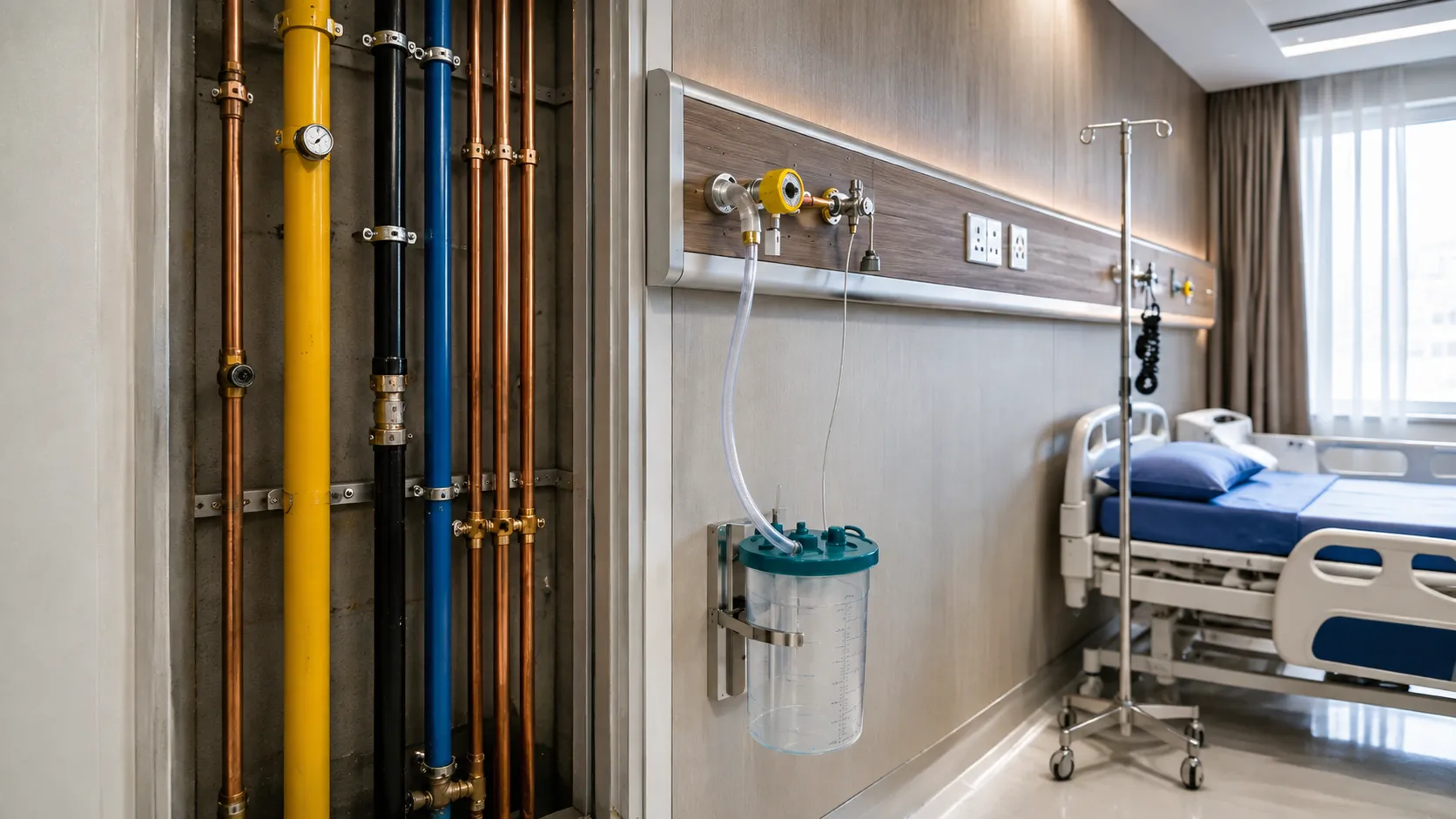 Premium hospital ward with a medical vacuum outlet, suction canister, and exposed pipeline system.