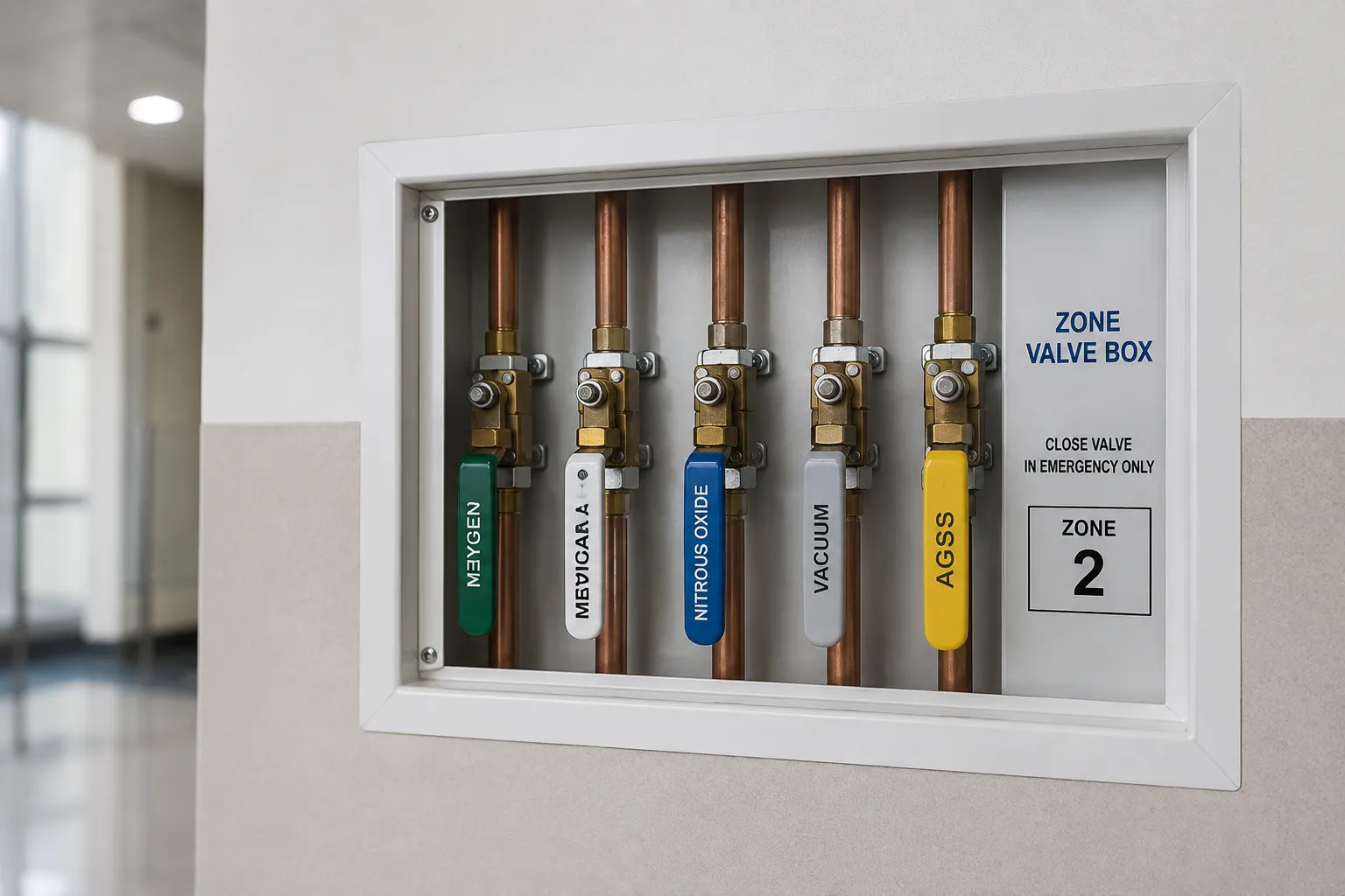 Medical gas zone valve box mounted near a ward entrance for isolating piped oxygen and air