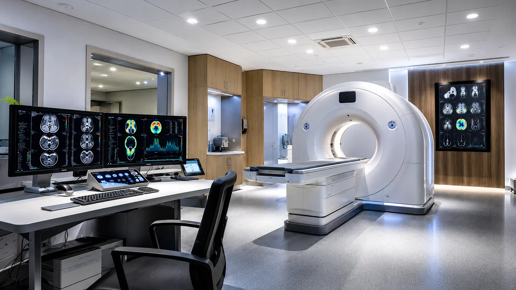 Modern hospital radiology suite featuring an advanced MRI scanner, diagnostic workstation, and medical imaging displays showcasing AI-assisted imaging technology in a clean clinical environment.