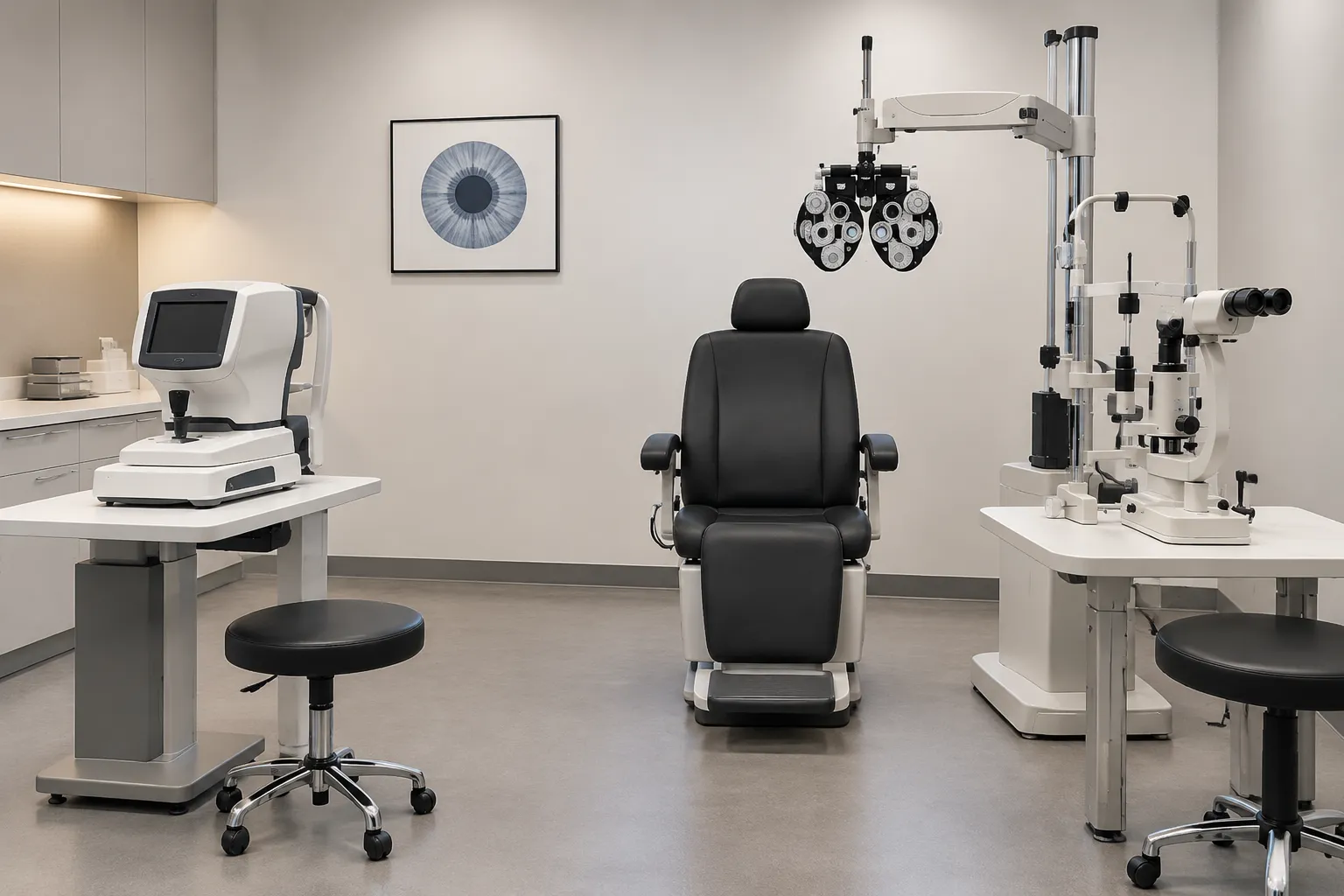 Modern ophthalmology diagnostic room with advanced eye examination equipment including slit lamp, phoropter, and vision testing devices in a clean clinical setting.