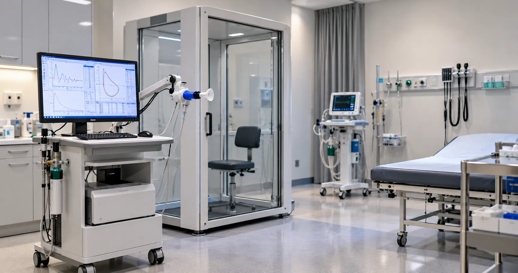Modern hospital respiratory diagnostic room with pulmonary function testing and advanced lung monitoring equipment.