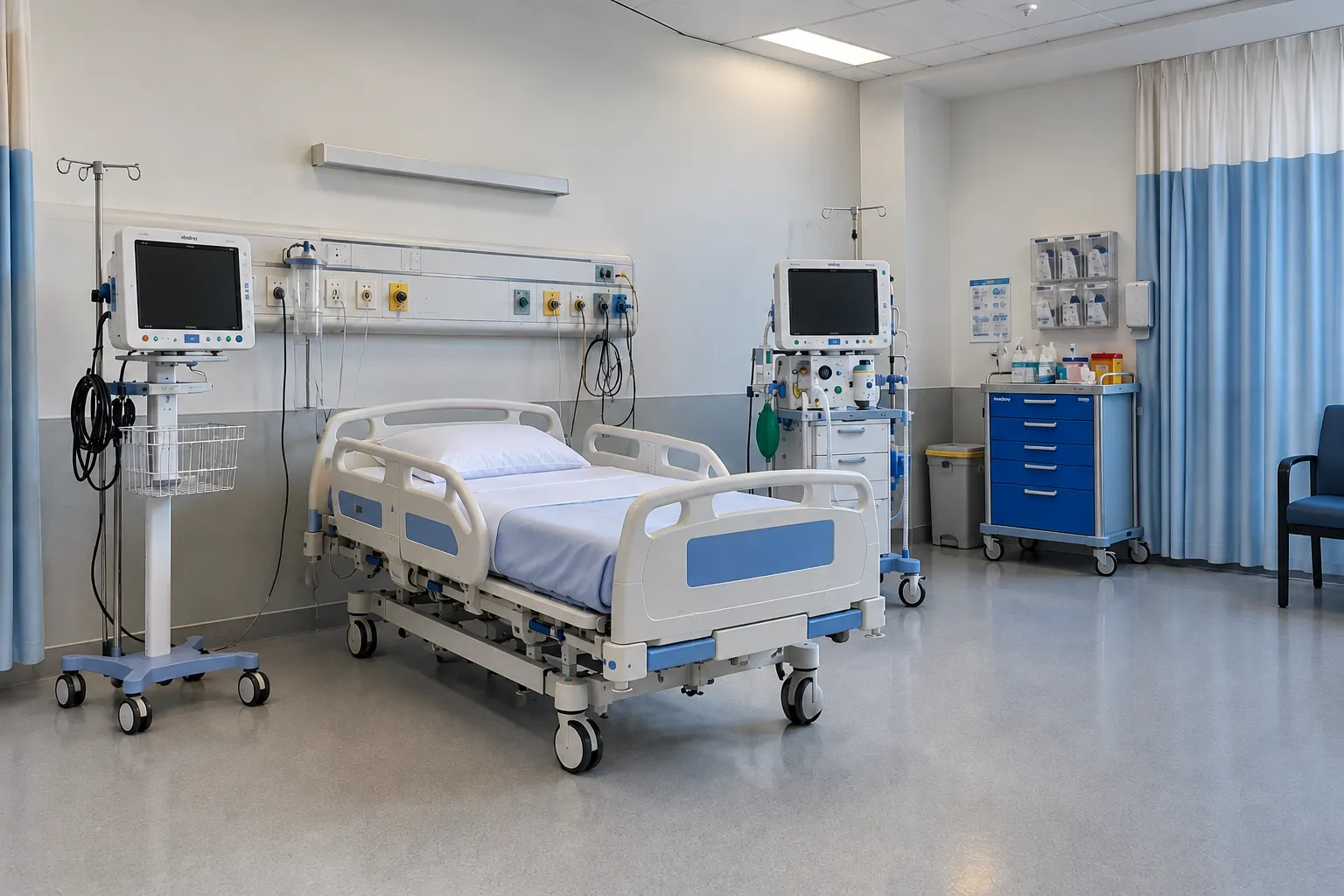 Modern hospital room with bed, monitors and organised medical equipment.