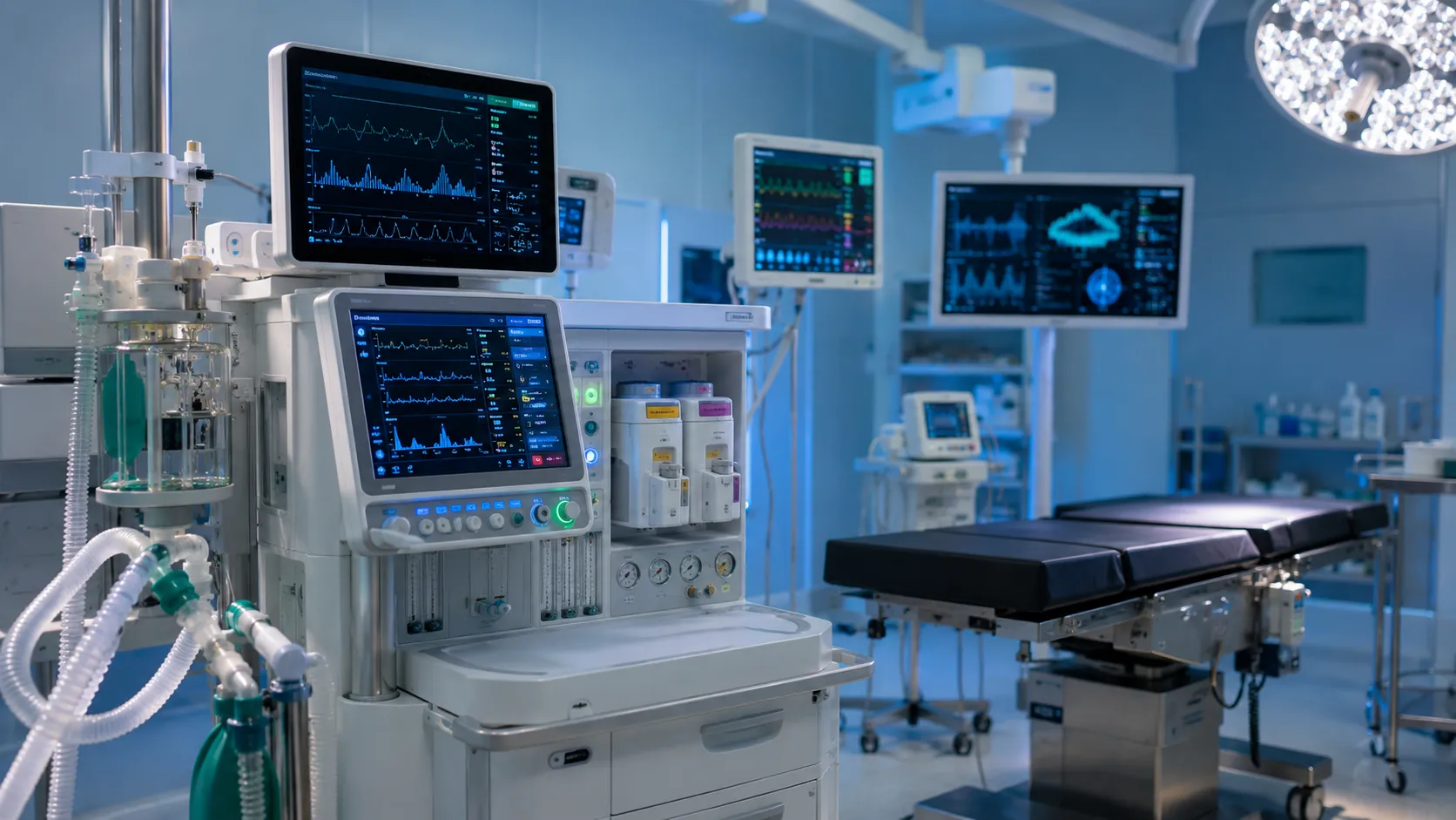 AI-powered anaesthesia equipment in a modern operating room with advanced anaesthesia workstation, monitoring systems, and smart clinical technology.