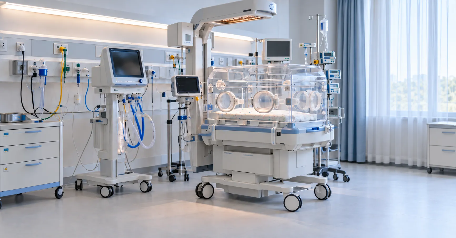 Modern neonatal care equipment in a clean hospital setting illustrating the role of artificial intelligence in newborn monitoring and clinical support.
