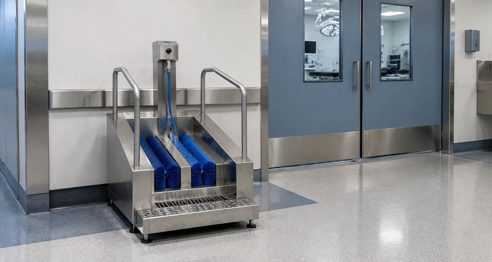 Stainless steel boot washer with rotating brushes cleaning theatre wellingtons at an operating depar