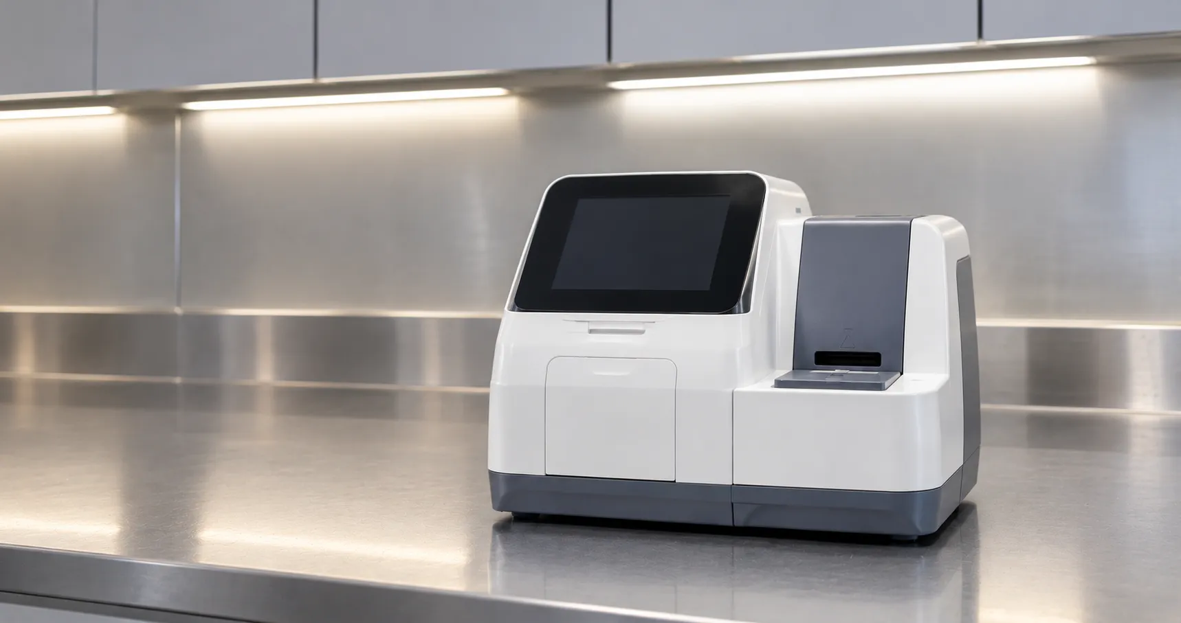 Laboratory scientist running a blood sample for NT-proBNP on an immunoassay analyser used in heart-f