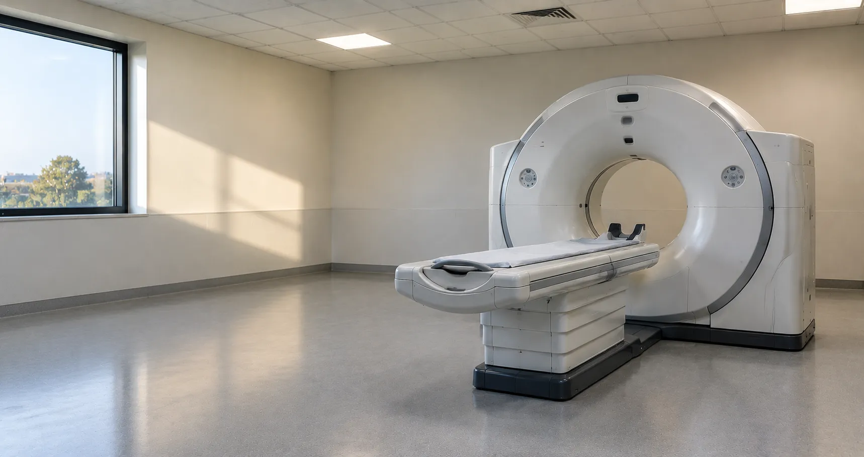 Cardiac CT scanner gantry with patient table used for coronary CT angiography imaging in a shielded 