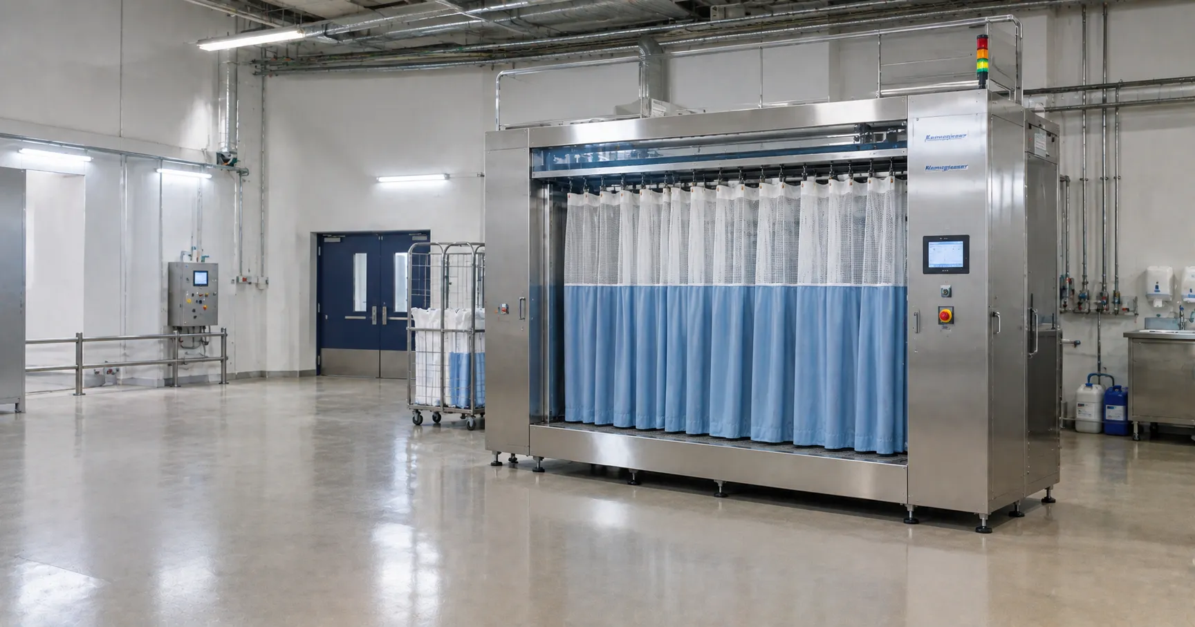 Disposable hospital cubicle curtain with a printed change-by date tab hanging around a ward bed spac