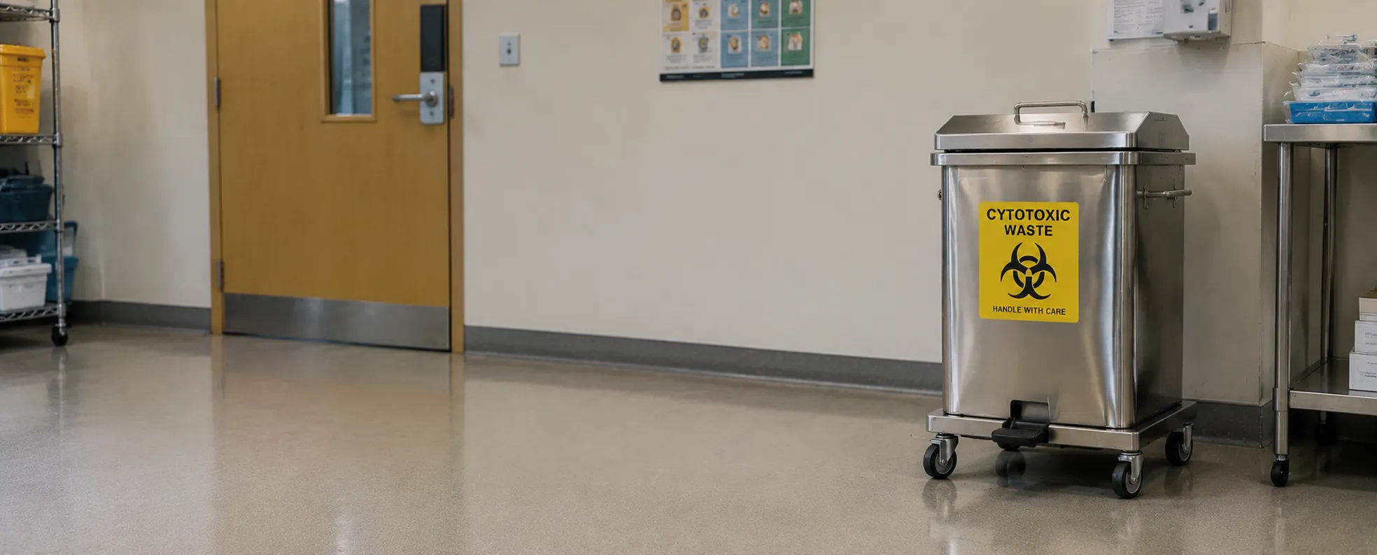 Purple-lidded rigid cytotoxic waste container beside a chemotherapy infusion chair in an oncology da