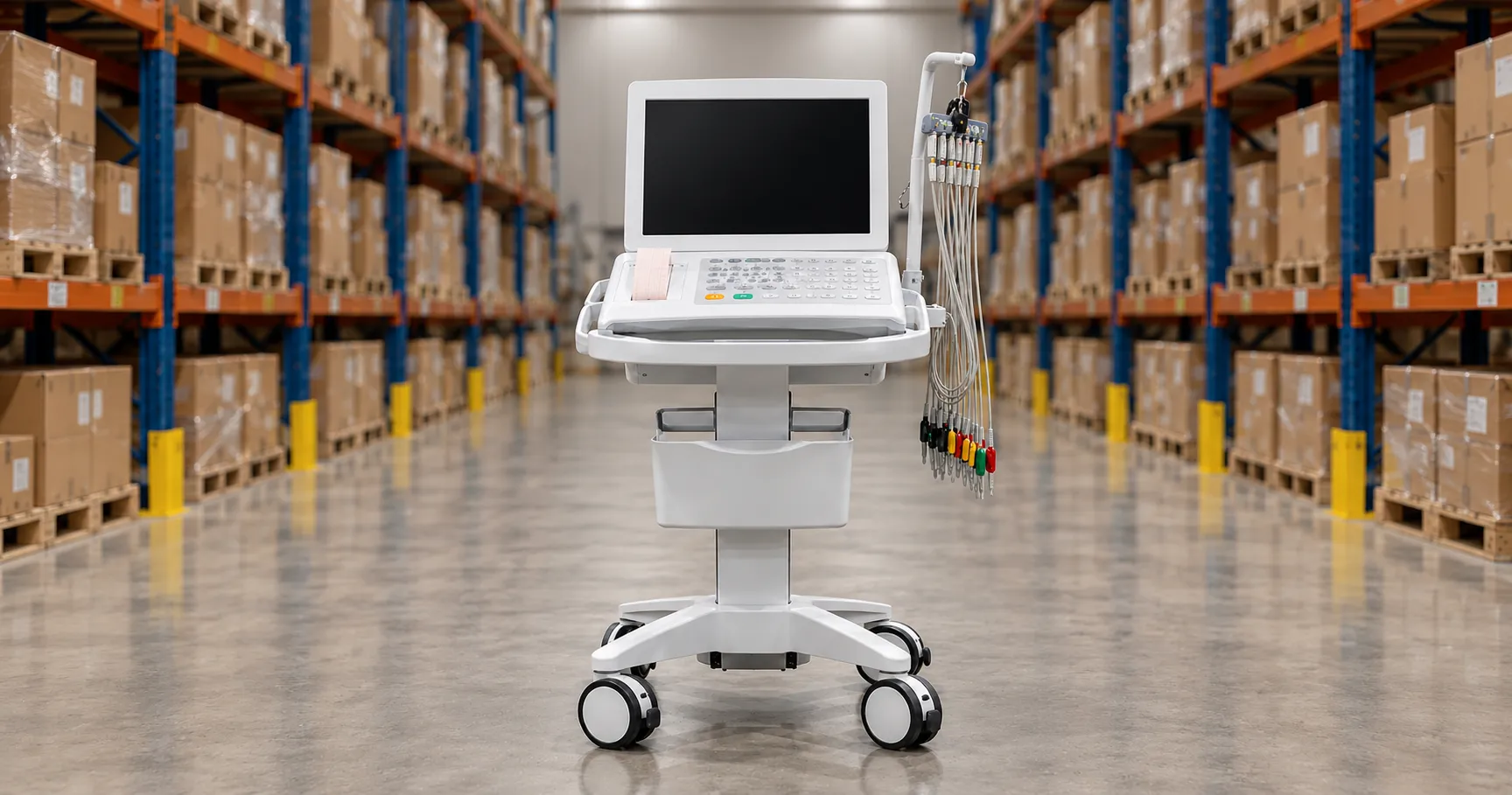 Cart-based echocardiography machine with phased-array transducer imaging a patient heart in a cardio