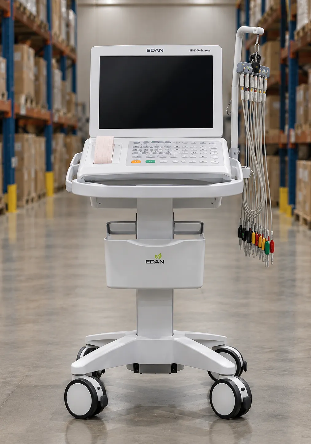 Cart-based echocardiography machine with phased-array transducer imaging a patient heart in a cardio