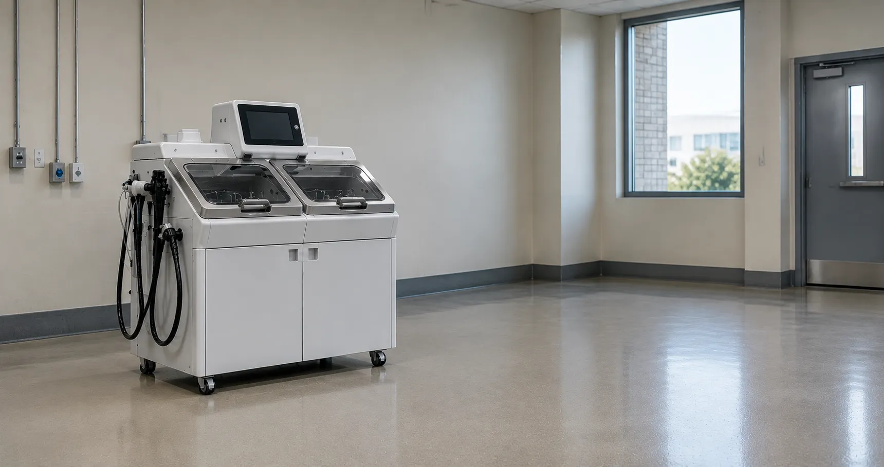 Decontamination technician loading a flexible endoscope into an automated endoscope reprocessor and 