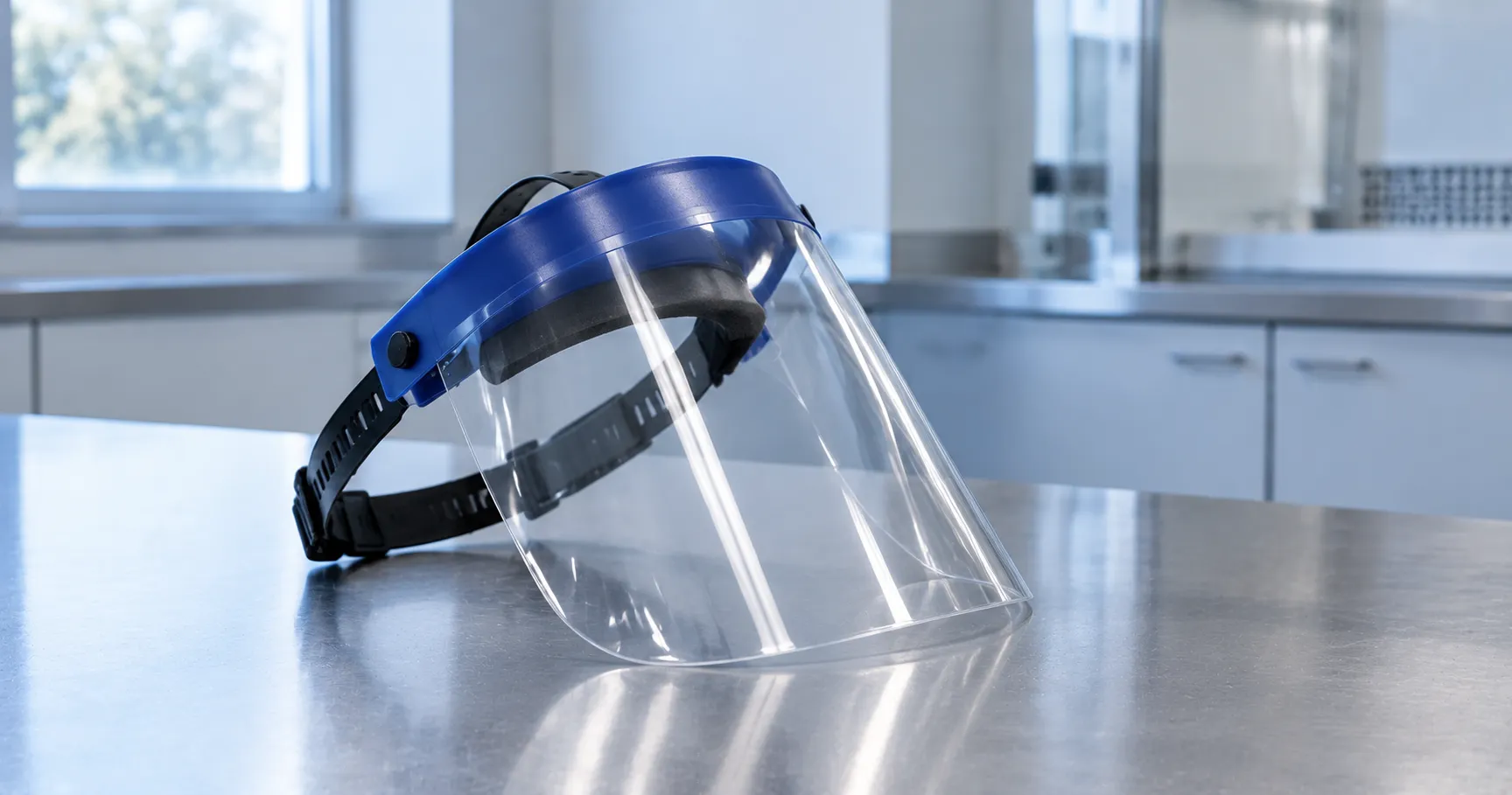 Laboratory technician wearing a full-face shield visor with browguard while decanting liquid at a be
