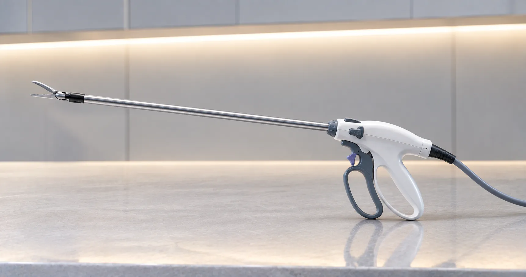 Surgeon using ultrasonic harmonic shears to seal and divide tissue during a laparoscopic procedure i