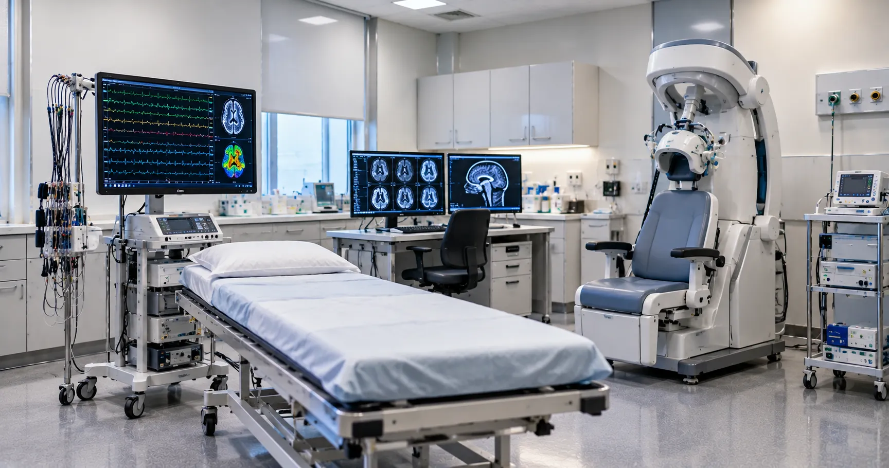 Modern hospital neurology diagnostic room with EEG monitoring, brain imaging displays, and advanced neurological equipment.