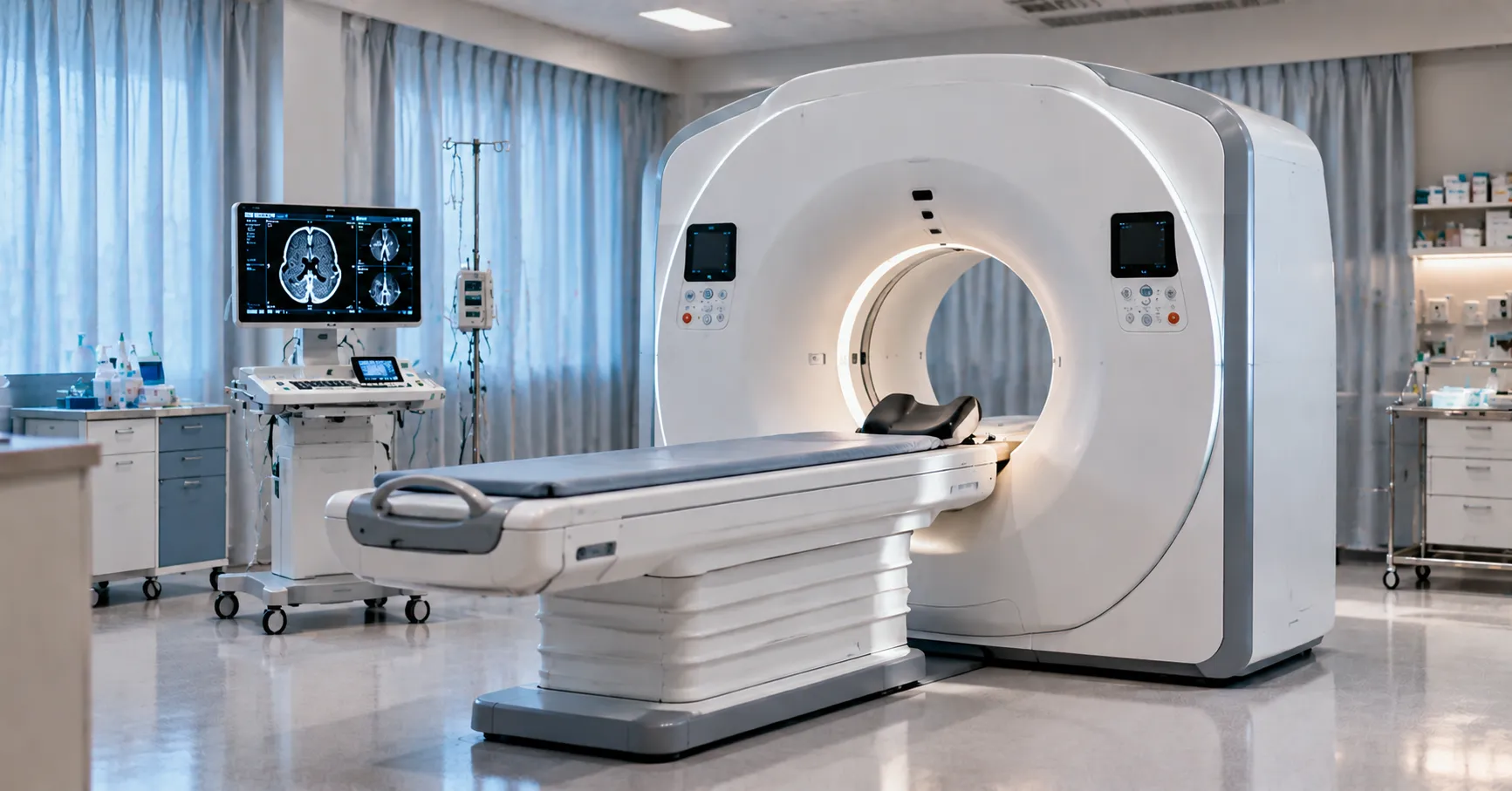 Premium AI-powered medical imaging equipment in a modern hospital room with privacy curtains, showing an advanced CT scanner setup designed for future healthcare technology.
