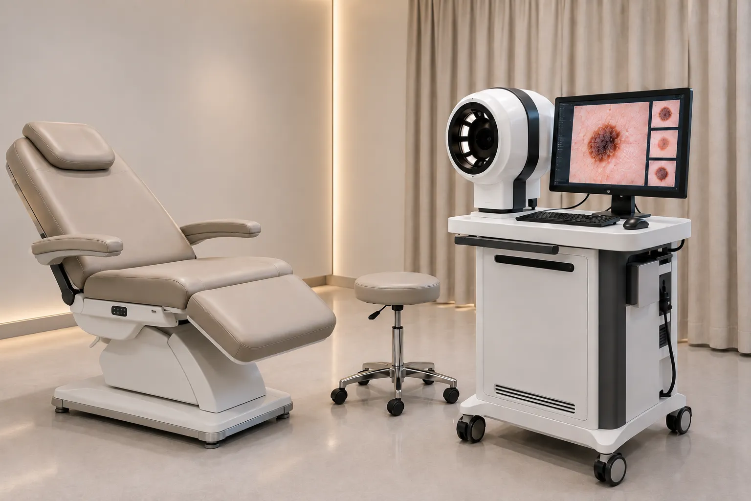 Modern dermatology clinic with a premium examination chair and advanced skin imaging diagnostic equipment.
