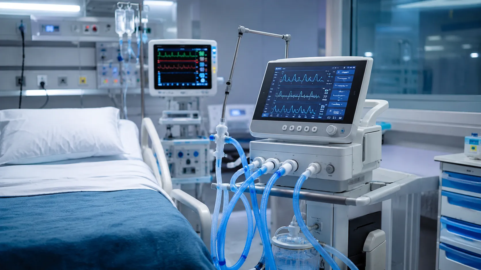 Modern ICU room with advanced ventilator equipment, patient bed, and monitoring systems highlighting AI-supported ventilator performance in critical care.