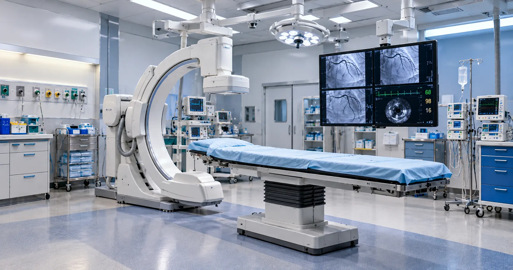 Modern hospital cardiology room featuring advanced cardiac imaging, monitoring equipment, and angiography technology