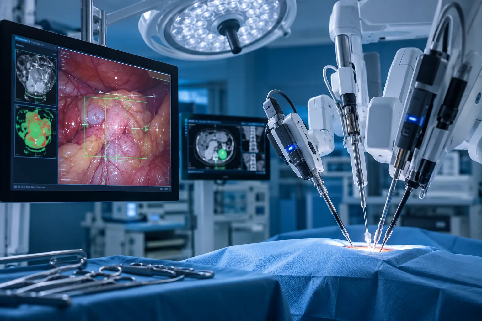 Advanced surgical equipment in a modern operating room with imaging displays and vision-guided technology, shown without people.