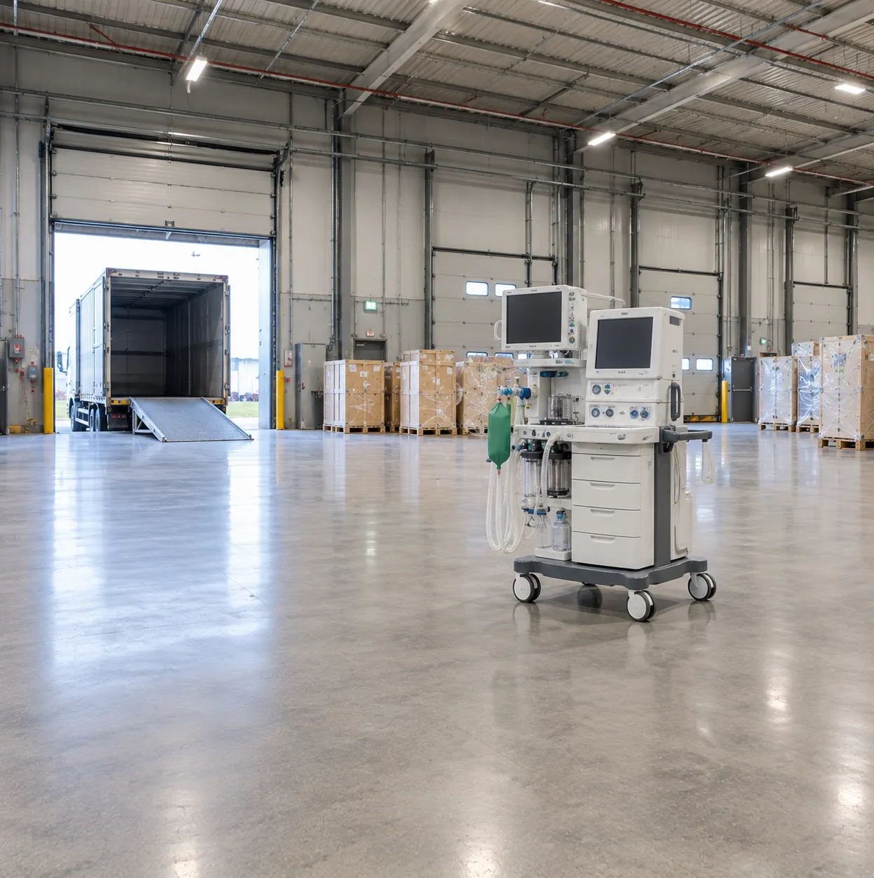 Biomedical engineer at a hospital goods-in bay inspecting a newly delivered medical device for trans