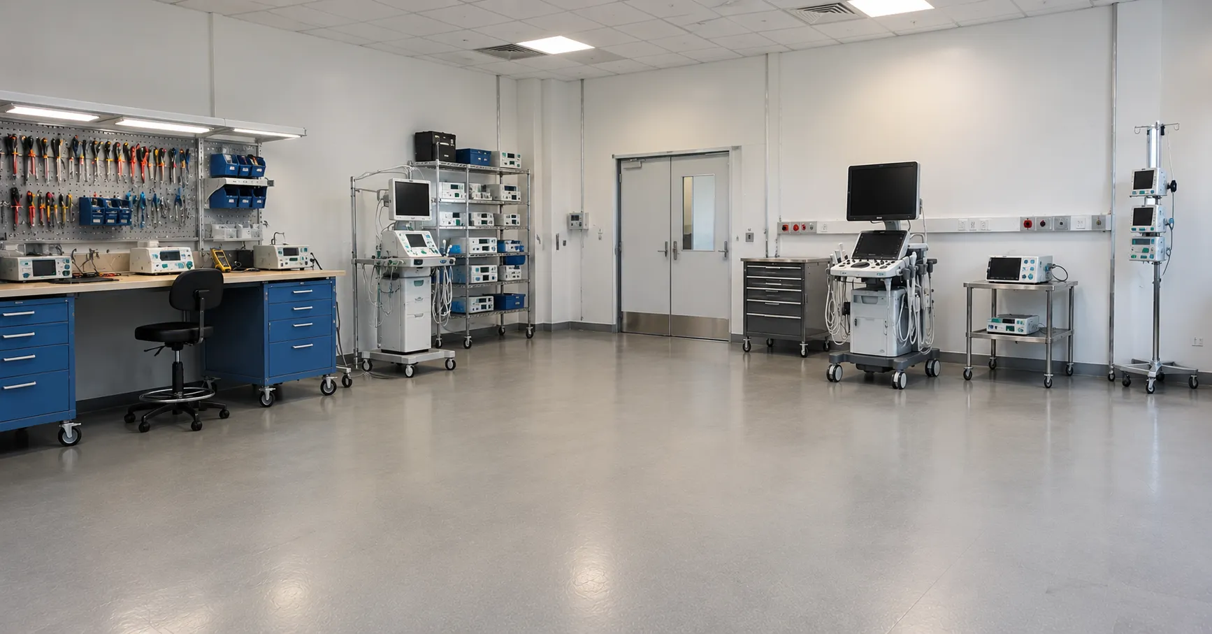 In-house biomedical engineer using an electrical safety analyser to test an infusion pump on a hospi