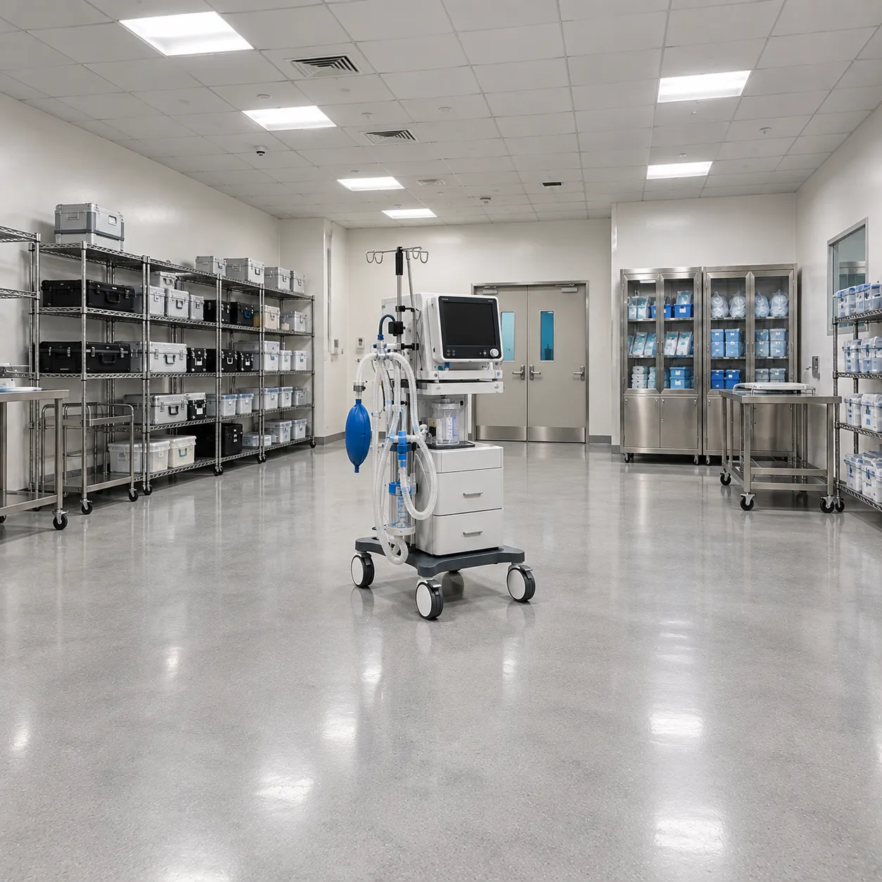 Clean hospital equipment store with shelved monitors on charge and ultrasound probes in protective h