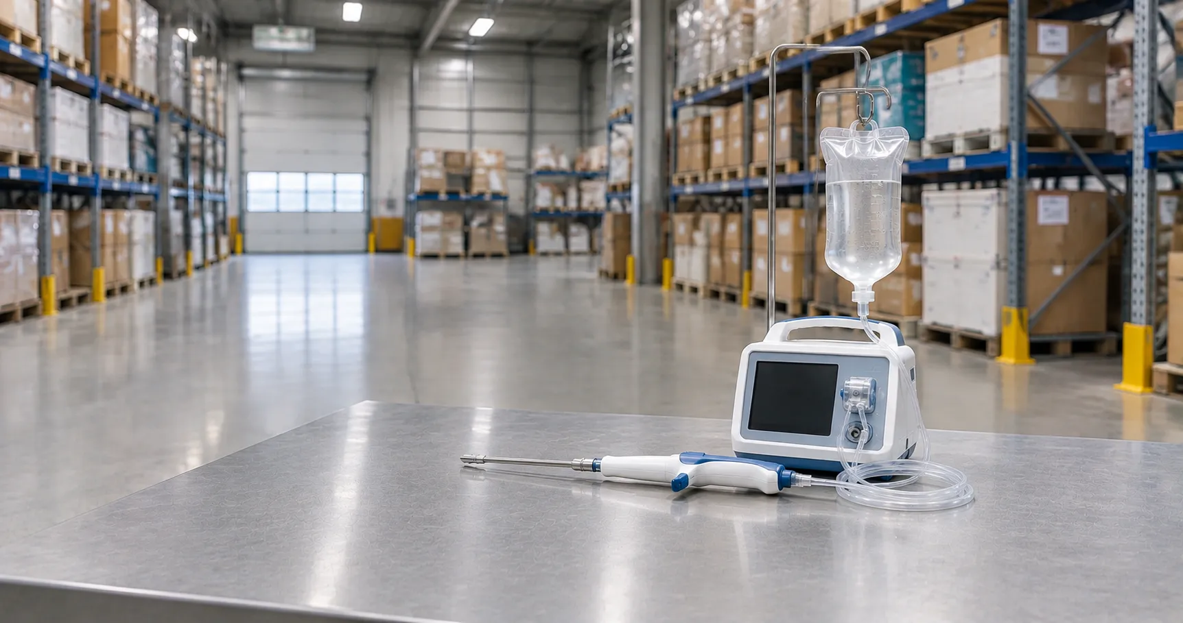 Theatre practitioner using a powered pulsed-lavage irrigation handpiece with suction to clean a cont