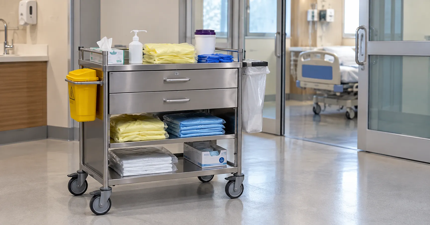 Drawered isolation trolley stocked with gloves aprons and masks parked outside a contact-precaution 