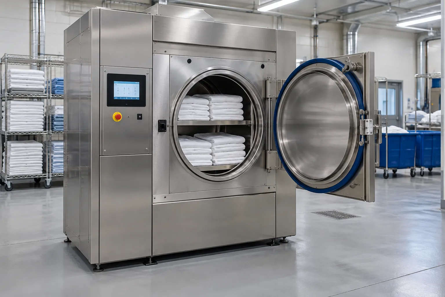 Row of stainless steel barrier washer-extractors in a hospital laundry room with linen trolleys alon