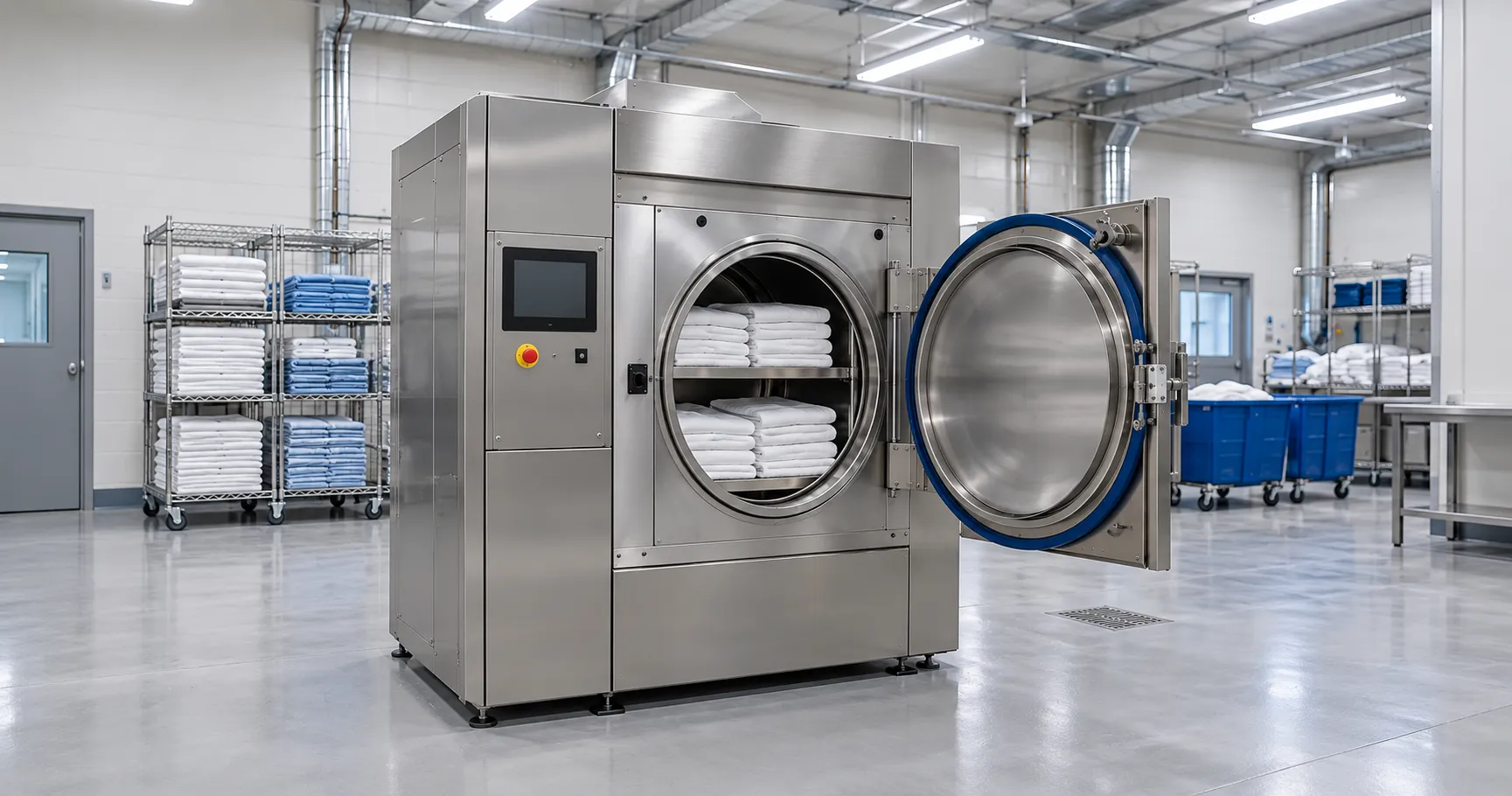 Row of stainless steel barrier washer-extractors in a hospital laundry room with linen trolleys alon