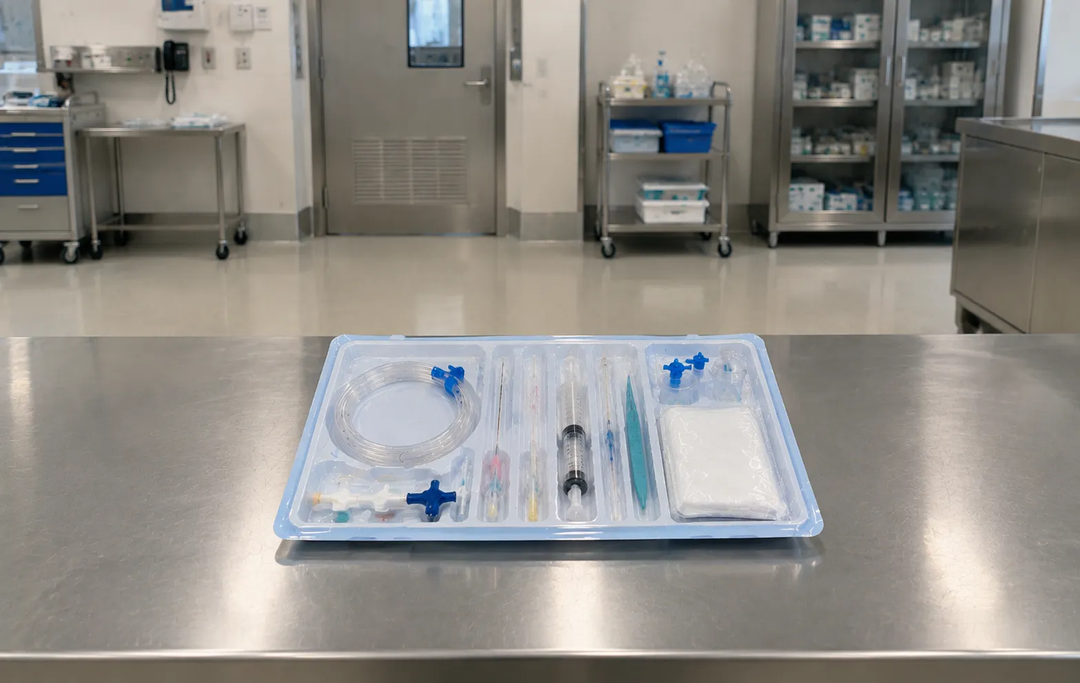Sterile pericardiocentesis kit tray with introducer needle, guidewire and pigtail drainage catheter