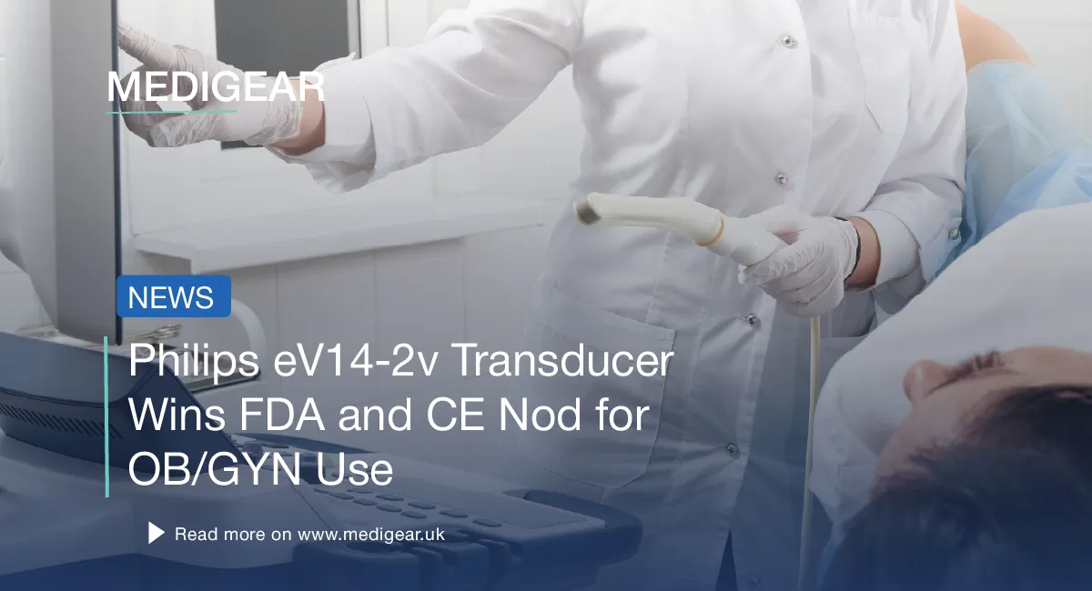 Diagram showing the Philips eV14-2v transducer: transvaginal probe with PureWave crystal technology