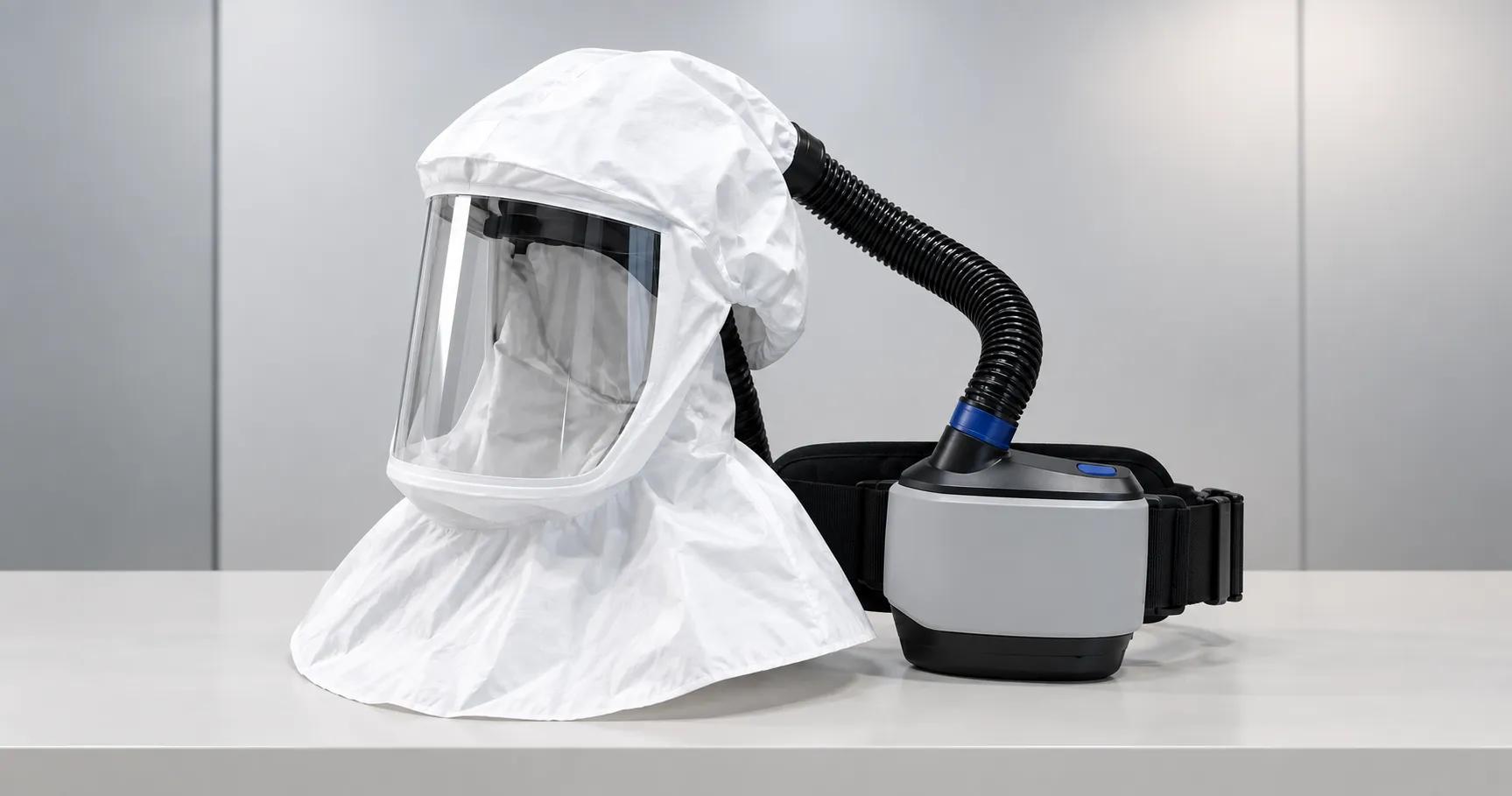 Clinician wearing a loose-fitting powered air purifying respirator hood with belt-mounted blower dur