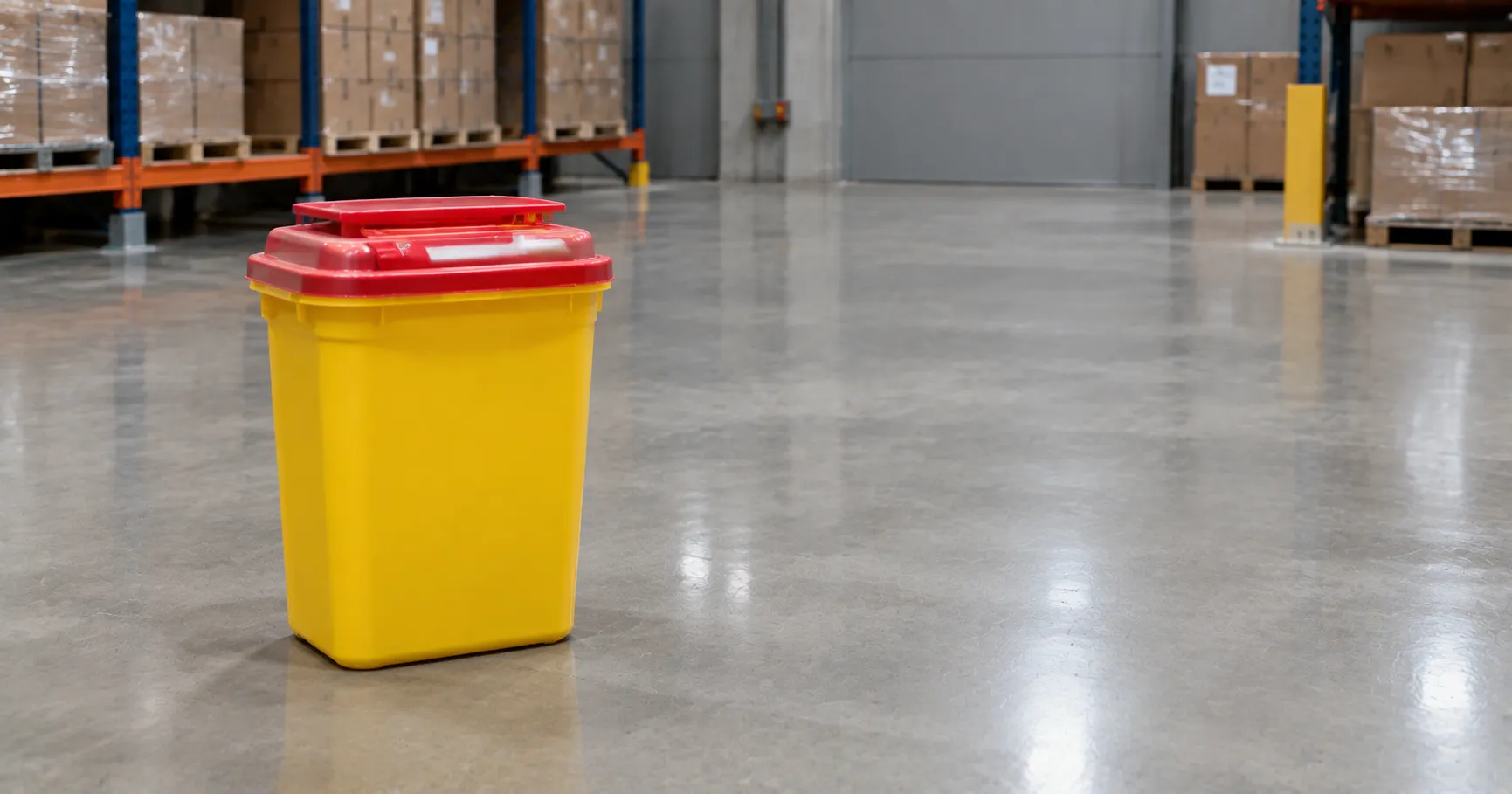 Range of rigid puncture-resistant sharps disposal containers with orange and yellow lids mounted in 