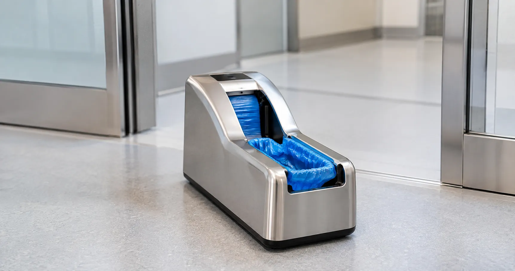 Automatic shoe cover dispenser applying a disposable overshoe hands-free at a cleanroom threshold en
