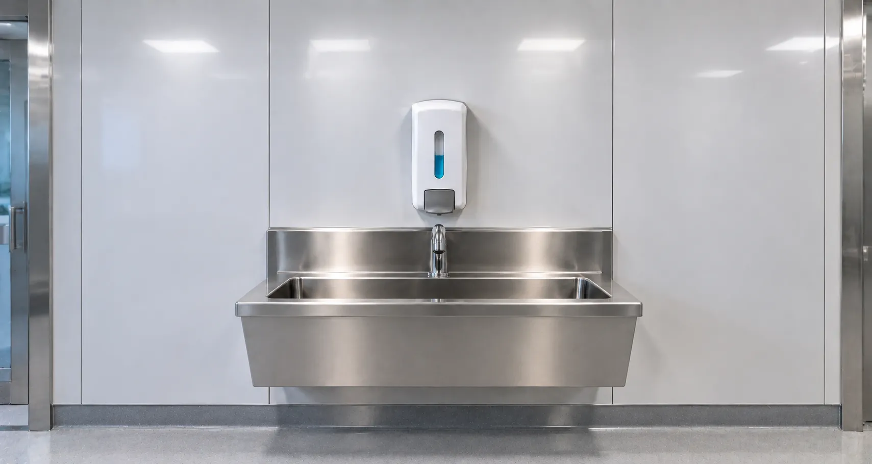 Wall-mounted cartridge soap dispenser beside a clinical hand-wash basin on a hospital ward for hand