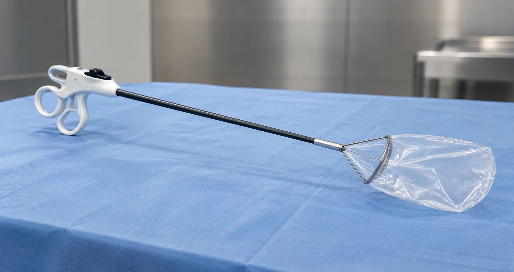 Laparoscopic specimen retrieval bag deployed inside the abdomen capturing a removed gallbladder duri