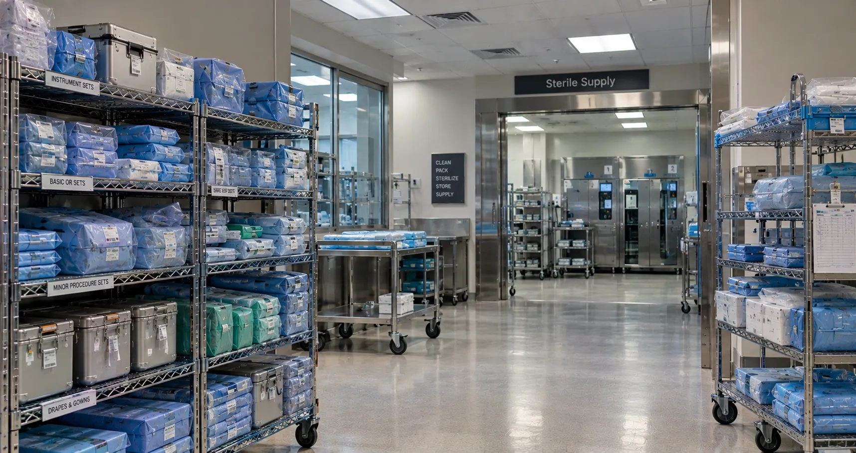 Sterile services staff scanning barcoded instrument trays into closed transport carts in a hospital 