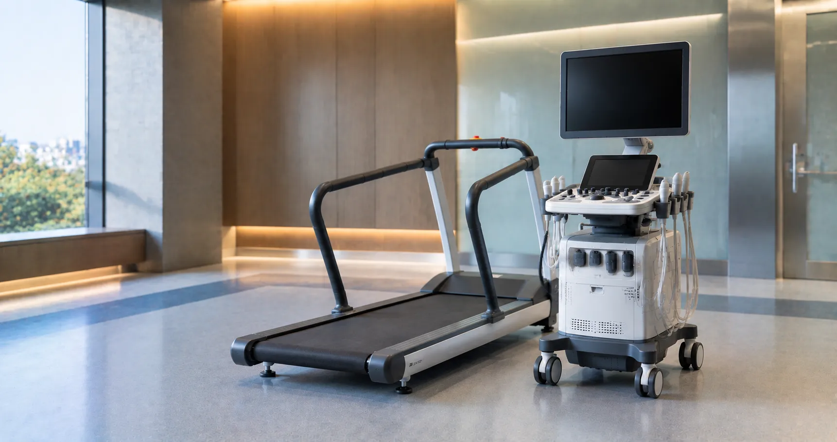 Stress echo system with supine bicycle ergometer and echocardiography machine capturing peak-stress