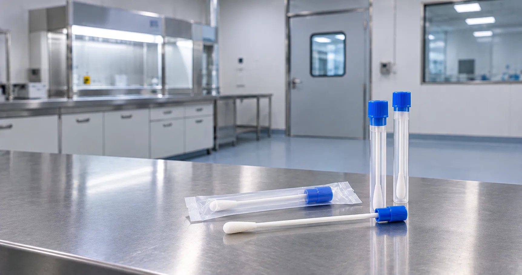 Gloved technician swabbing a stainless steel theatre worktop with a flocked surface sampling swab be