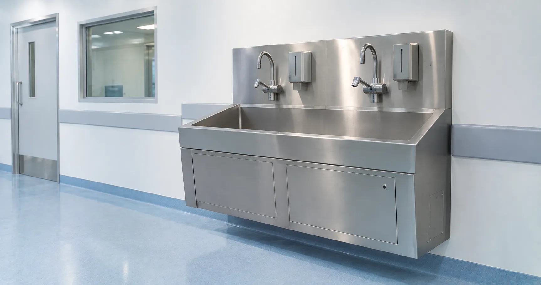 Stainless steel two-bay surgical scrub sink with sensor taps outside an operating theatre for preope