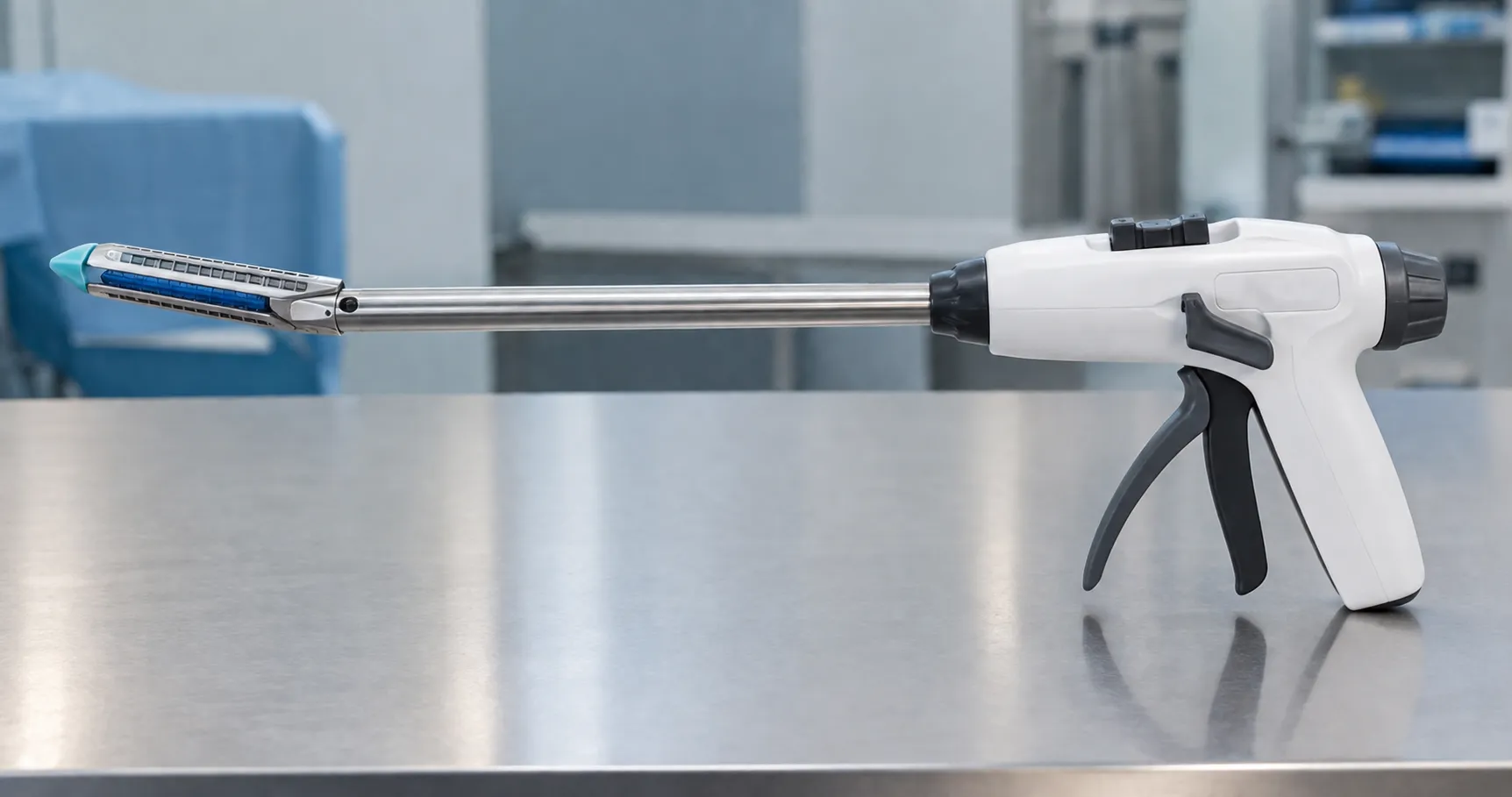 Surgeon firing a laparoscopic linear cutter stapler across bowel tissue to form a staggered titanium