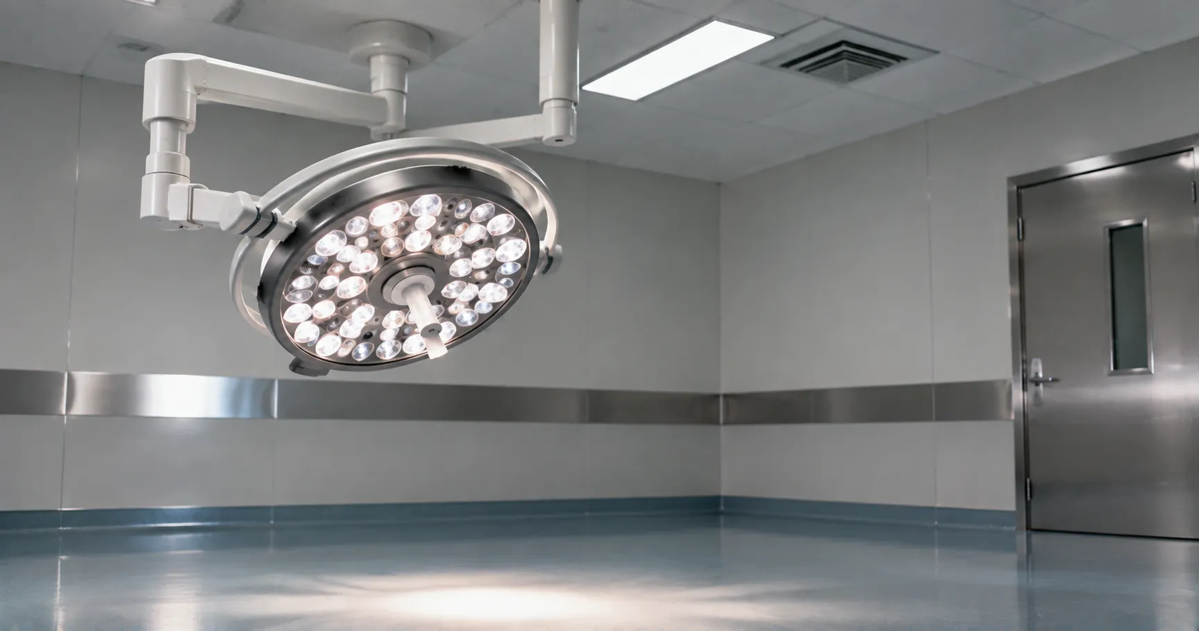 Clinical environment with hospital lighting including a surgical light, examination lamp and bed hea