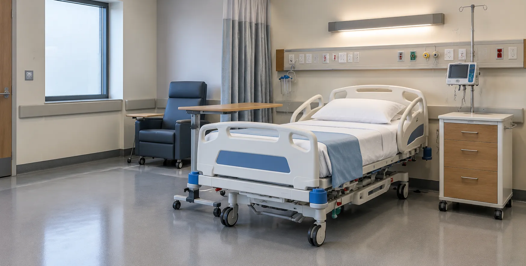 Hospital ward fit-out with medical furniture including a hospital bed, bedside cabinet and treatment