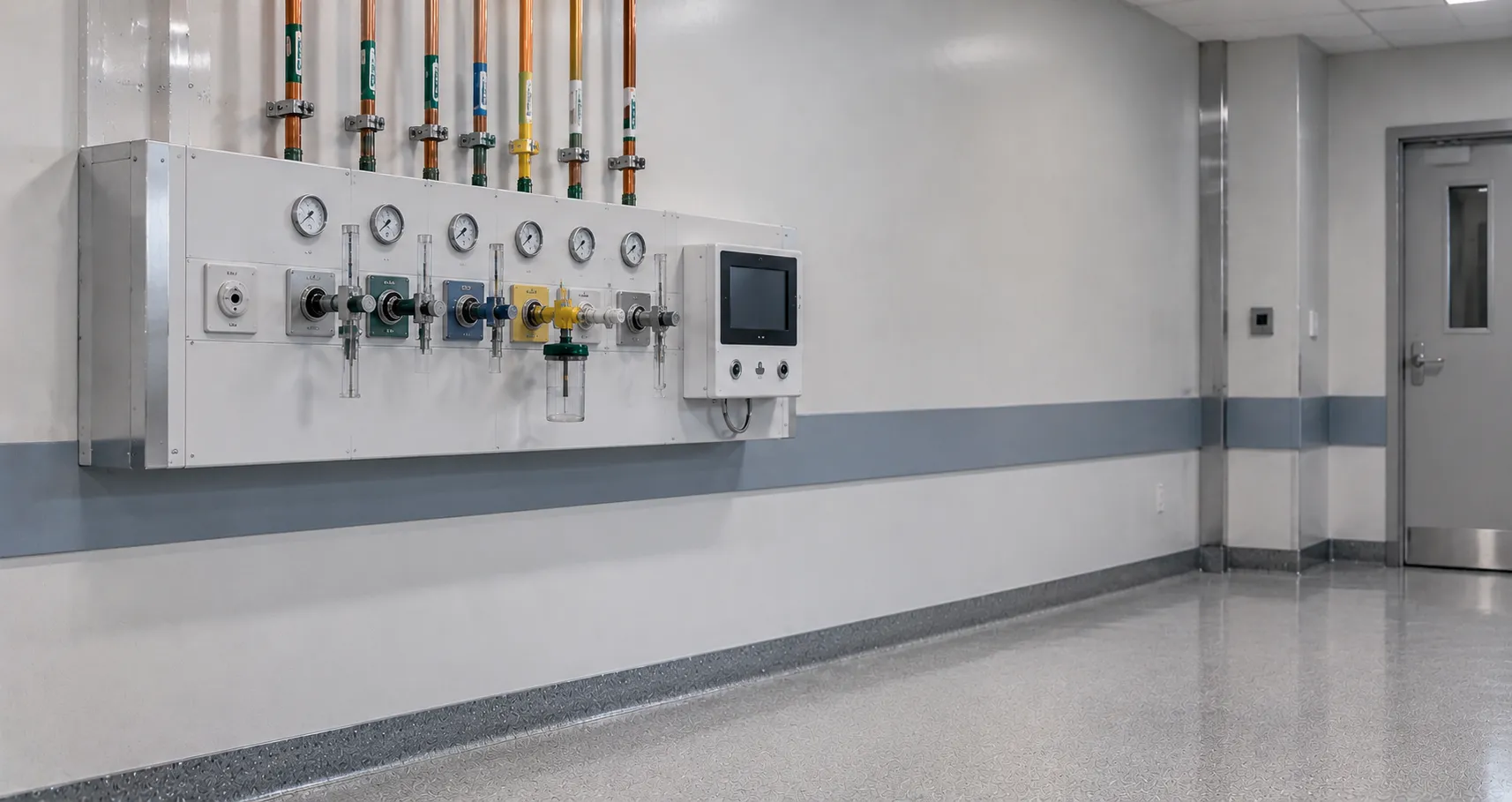 Hospital medical gas equipment including a manifold, wall outlets and flowmeters serving piped gas p